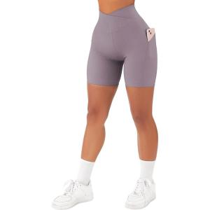 imageSUUKSESS Women Cross Workout Shorts with Pockets 5quot High Waist Booty Biker ShortPurple