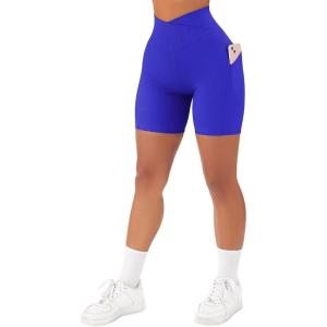 imageSUUKSESS Women Cross Workout Shorts with Pockets 5quot High Waist Booty Biker ShortRoyal Blue