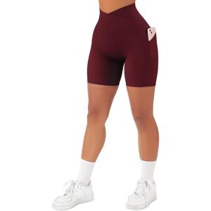 imageSUUKSESS Women Cross Workout Shorts with Pockets 5quot High Waist Booty Biker ShortWine Red