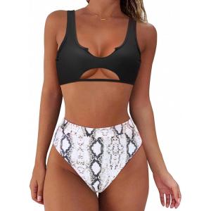 imageSUUKSESS Women Cutout Bikini Sets Push Up High Waisted Swimsuits 2 Piece13 Black Snakeskin