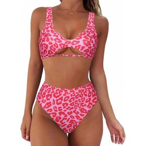 imageSUUKSESS Women Cutout Bikini Sets Push Up High Waisted Swimsuits 2 Piece13 Hot Pink Leopard