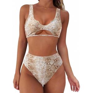 imageSUUKSESS Women Cutout Bikini Sets Push Up High Waisted Swimsuits 2 Piece13 Khaki Snakeskin