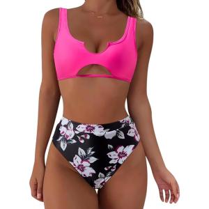 imageSUUKSESS Women Cutout Bikini Sets Push Up High Waisted Swimsuits 2 Piece13 Pink Black Floral