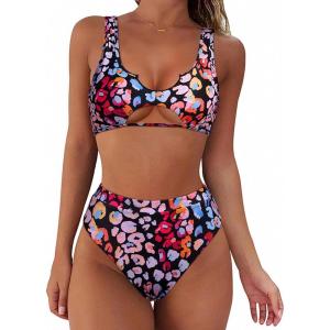 imageSUUKSESS Women Cutout Bikini Sets Push Up High Waisted Swimsuits 2 Piece13 Pink Leopard