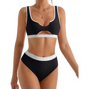 imageSUUKSESS Women Cutout Bikini Sets Push Up High Waisted Swimsuits 2 Piece68 Black White Color Block