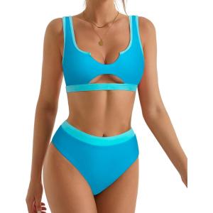 imageSUUKSESS Women Cutout Bikini Sets Push Up High Waisted Swimsuits 2 Piece68 Blue Color Block