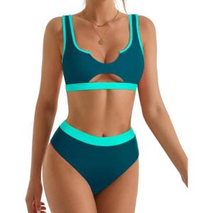 imageSUUKSESS Women Cutout Bikini Sets Push Up High Waisted Swimsuits 2 Piece68 Peacock Blue Color Block