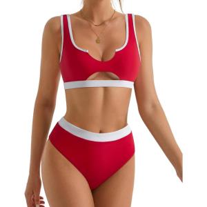 imageSUUKSESS Women Cutout Bikini Sets Push Up High Waisted Swimsuits 2 Piece68 Red White Color Block