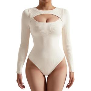 imageSUUKSESS Women Cutout Seamless Ribbed Bodysuit Long Sleeve Tank Top With Bra1 Beige