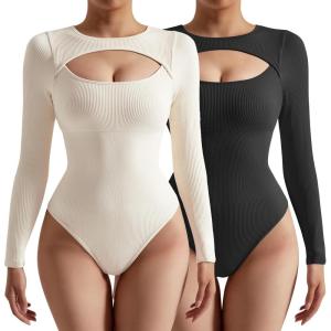 imageSUUKSESS Women Cutout Seamless Ribbed Bodysuit Long Sleeve Tank Top With Bra1 Black Beige