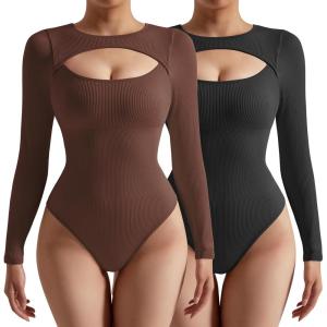 imageSUUKSESS Women Cutout Seamless Ribbed Bodysuit Long Sleeve Tank Top With Bra1 Black Brown