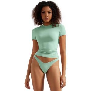 imageSUUKSESS Women Double Lined Fitted Basic Tee Crew Neck Short Sleeve Y2K Crop TopAqua