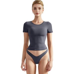 imageSUUKSESS Women Double Lined Fitted Basic Tee Crew Neck Short Sleeve Y2K Crop TopAsh