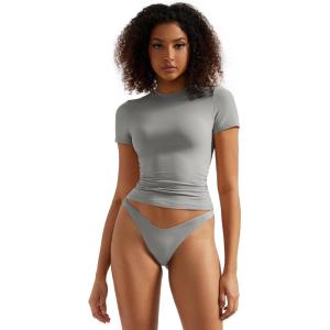 imageSUUKSESS Women Double Lined Fitted Basic Tee Crew Neck Short Sleeve Y2K Crop TopGray