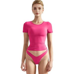 imageSUUKSESS Women Double Lined Fitted Basic Tee Crew Neck Short Sleeve Y2K Crop TopHot Pink