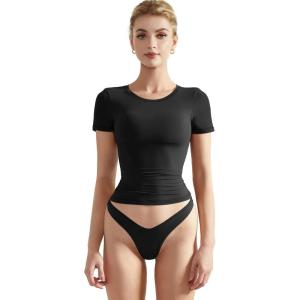 imageSUUKSESS Women Double Lined Fitted Basic Tee Crew Neck Short Sleeve Y2K Crop TopJet Black