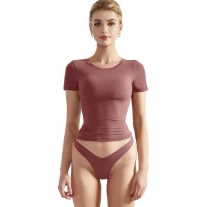 imageSUUKSESS Women Double Lined Fitted Basic Tee Crew Neck Short Sleeve Y2K Crop TopMarsala