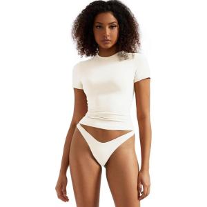 imageSUUKSESS Women Double Lined Fitted Basic Tee Crew Neck Short Sleeve Y2K Crop TopPearl