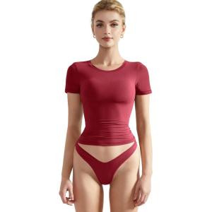 imageSUUKSESS Women Double Lined Fitted Basic Tee Crew Neck Short Sleeve Y2K Crop TopWine Red