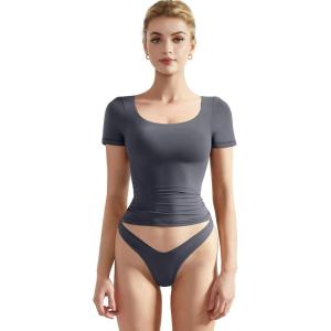 imageSUUKSESS Women Double Lined Fitted Basic Tee Scoop Neck Short Sleeve Y2K Crop TopAsh