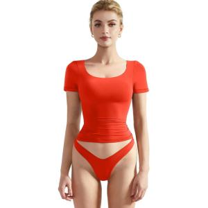 imageSUUKSESS Women Double Lined Fitted Basic Tee Scoop Neck Short Sleeve Y2K Crop TopDream Red