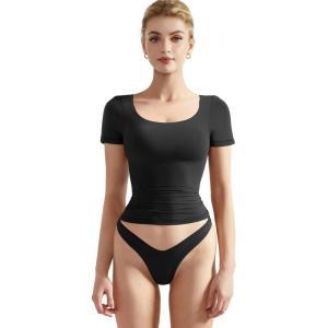imageSUUKSESS Women Double Lined Fitted Basic Tee Scoop Neck Short Sleeve Y2K Crop TopJet Black
