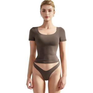 imageSUUKSESS Women Double Lined Fitted Basic Tee Scoop Neck Short Sleeve Y2K Crop TopMocha