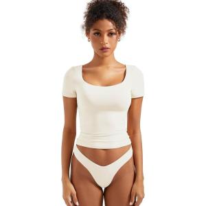 imageSUUKSESS Women Double Lined Fitted Basic Tee Scoop Neck Short Sleeve Y2K Crop TopPearl