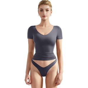 imageSUUKSESS Women Double Lined Fitted Basic Tee Sexy V Neck Short Sleeve Y2K Crop TopAsh