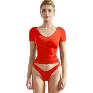 imageSUUKSESS Women Double Lined Fitted Basic Tee Sexy V Neck Short Sleeve Y2K Crop TopDream Red