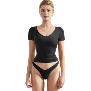imageSUUKSESS Women Double Lined Fitted Basic Tee Sexy V Neck Short Sleeve Y2K Crop TopJet Black