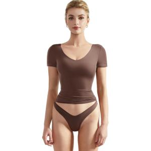 imageSUUKSESS Women Double Lined Fitted Basic Tee Sexy V Neck Short Sleeve Y2K Crop TopMocha