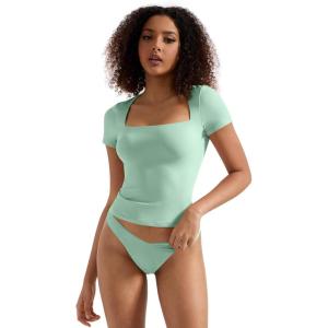 imageSUUKSESS Women Double Lined Fitted Basic Tee Square Neck Short Sleeve Y2K Crop TopAqua