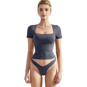 imageSUUKSESS Women Double Lined Fitted Basic Tee Square Neck Short Sleeve Y2K Crop TopAsh