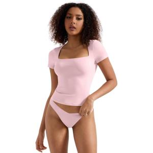 imageSUUKSESS Women Double Lined Fitted Basic Tee Square Neck Short Sleeve Y2K Crop TopBlush