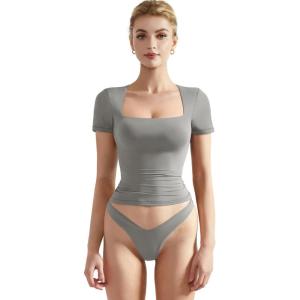 imageSUUKSESS Women Double Lined Fitted Basic Tee Square Neck Short Sleeve Y2K Crop TopGray