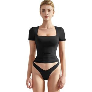 imageSUUKSESS Women Double Lined Fitted Basic Tee Square Neck Short Sleeve Y2K Crop TopJet Black
