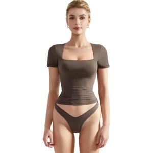 imageSUUKSESS Women Double Lined Fitted Basic Tee Square Neck Short Sleeve Y2K Crop TopMocha