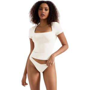 imageSUUKSESS Women Double Lined Fitted Basic Tee Square Neck Short Sleeve Y2K Crop TopPearl