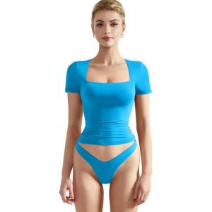 imageSUUKSESS Women Double Lined Fitted Basic Tee Square Neck Short Sleeve Y2K Crop TopRoyal Blue