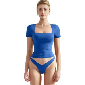 imageSUUKSESS Women Double Lined Fitted Basic Tee Square Neck Short Sleeve Y2K Crop TopSapphire