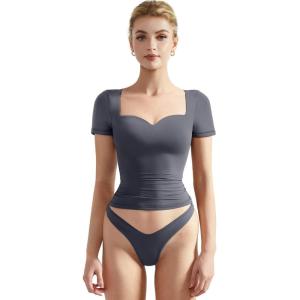 imageSUUKSESS Women Double Lined Fitted Basic Tee Sweetheart Neck Short Sleeve Y2K Crop TopAsh