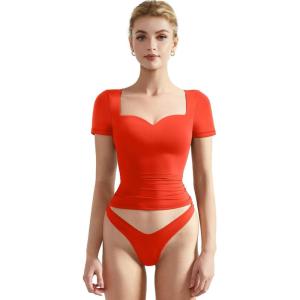 imageSUUKSESS Women Double Lined Fitted Basic Tee Sweetheart Neck Short Sleeve Y2K Crop TopDream Red