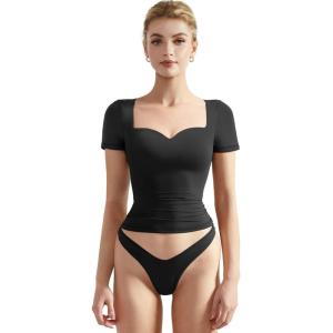 imageSUUKSESS Women Double Lined Fitted Basic Tee Sweetheart Neck Short Sleeve Y2K Crop TopJet Black