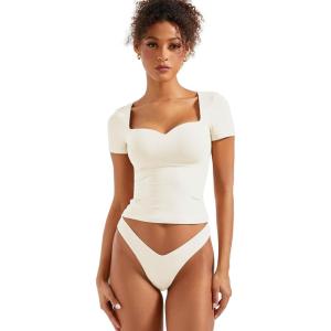 imageSUUKSESS Women Double Lined Fitted Basic Tee Sweetheart Neck Short Sleeve Y2K Crop TopPearl