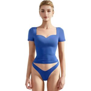 imageSUUKSESS Women Double Lined Fitted Basic Tee Sweetheart Neck Short Sleeve Y2K Crop TopSapphire