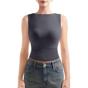imageSUUKSESS Women Double Lined Going Out Basic Tank Tops Ruched Summer T ShirtsAsh