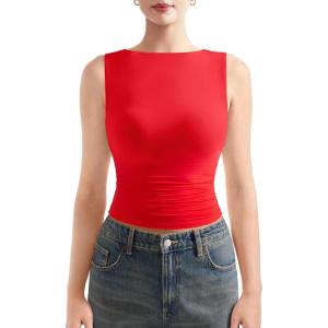 imageSUUKSESS Women Double Lined Going Out Basic Tank Tops Ruched Summer T ShirtsRed