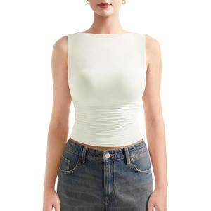 imageSUUKSESS Women Double Lined Going Out Basic Tank Tops Ruched Summer T ShirtsWhite