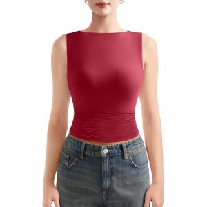 imageSUUKSESS Women Double Lined Going Out Basic Tank Tops Ruched Summer T ShirtsWine